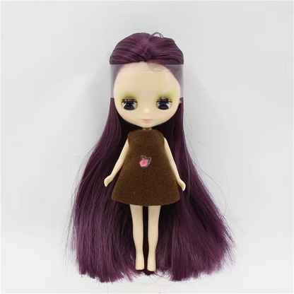 Mini Petite Blythe Doll with open/close eyes, purple hair, wearing a brown dress with a strawberry design.