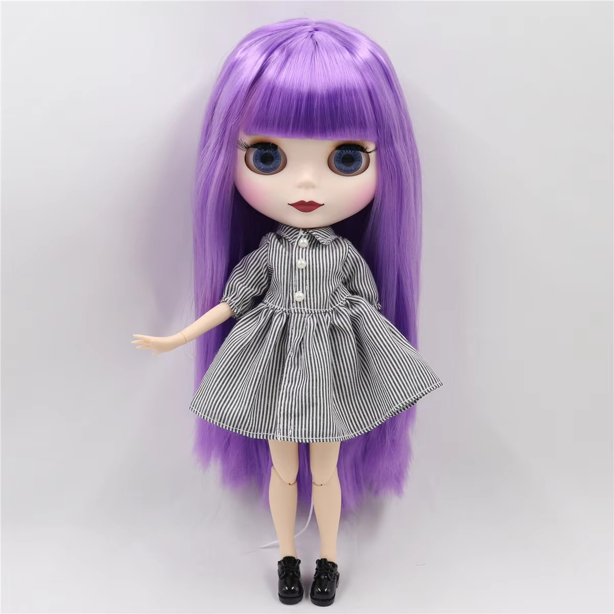 Nude Blythe Doll with White Skin, Matte Face, Jointed Body, Glossy Purple Hair