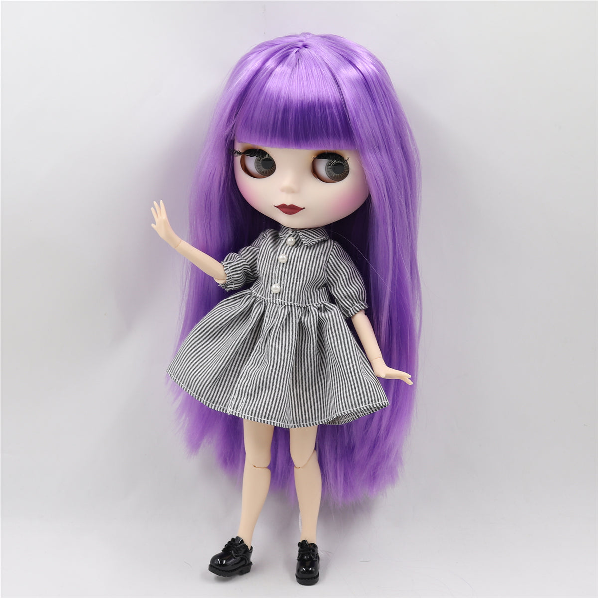 Nude Blythe Doll with White Skin, Matte Face, Jointed Body, Glossy Purple Hair