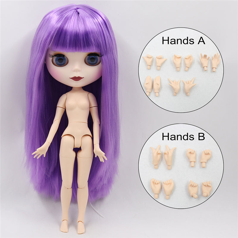 Nude Blythe Doll with White Skin, Matte Face, Jointed Body, Glossy Purple Hair