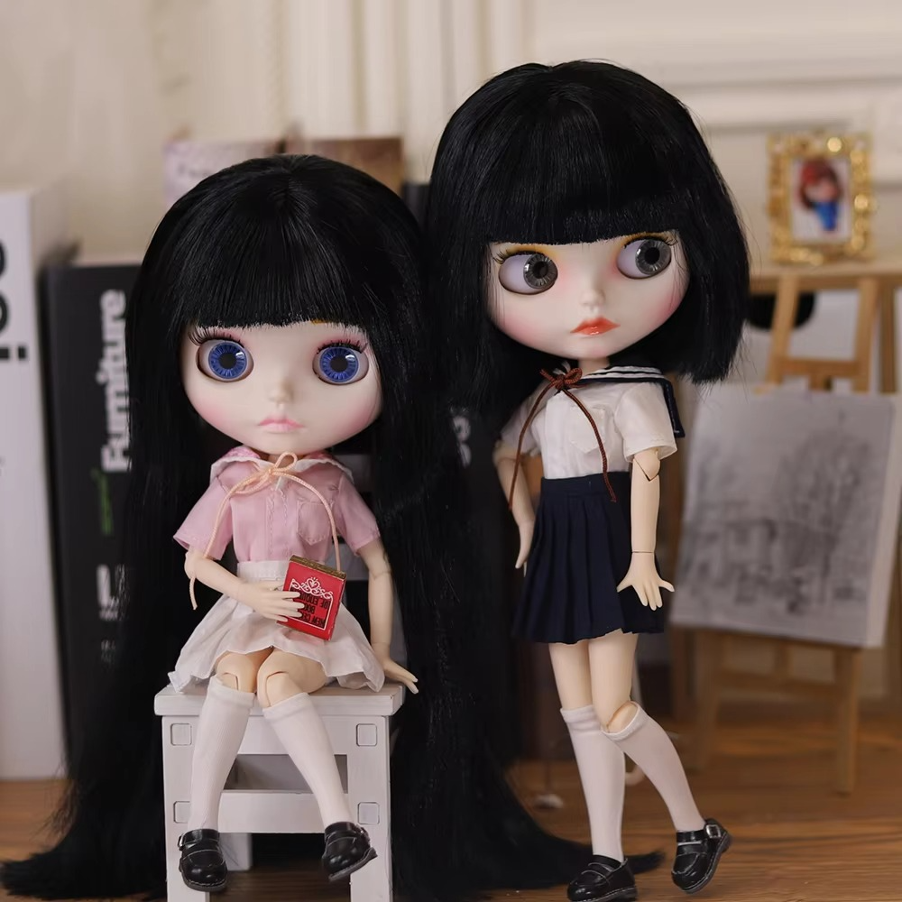 Short Black Hair Blythe Nude Doll, White Skin Matte Face Jointed Body