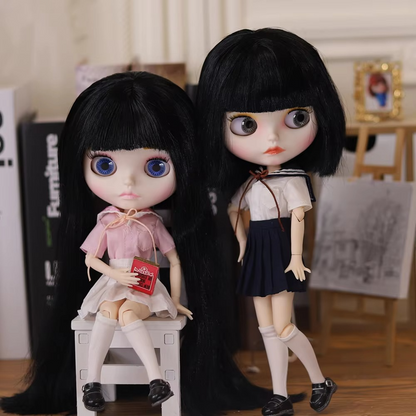 Short Black Hair Blythe Nude Doll, White Skin Matte Face Jointed Body