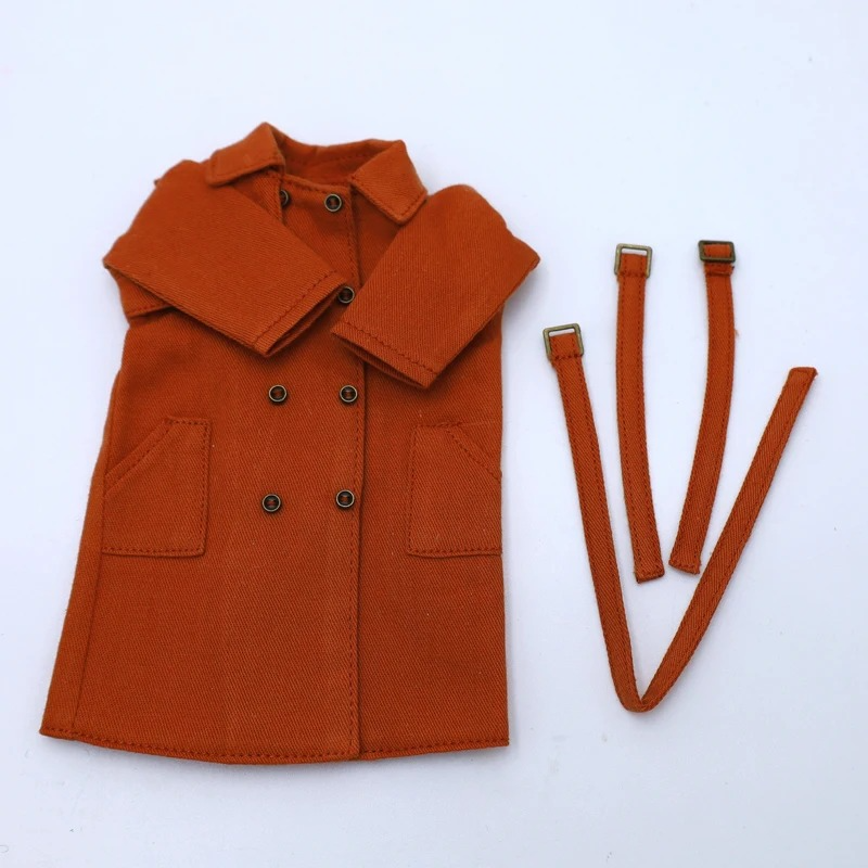 Neo Blythe orange trench coat with straps, perfect for 1/6 BJD Blythe dolls, featuring high-quality fabric and craftsmanship.