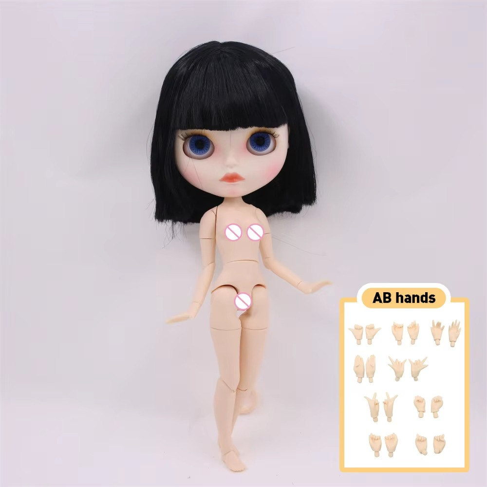 Short Black Hair Blythe Nude Doll, White Skin Matte Face Jointed Body