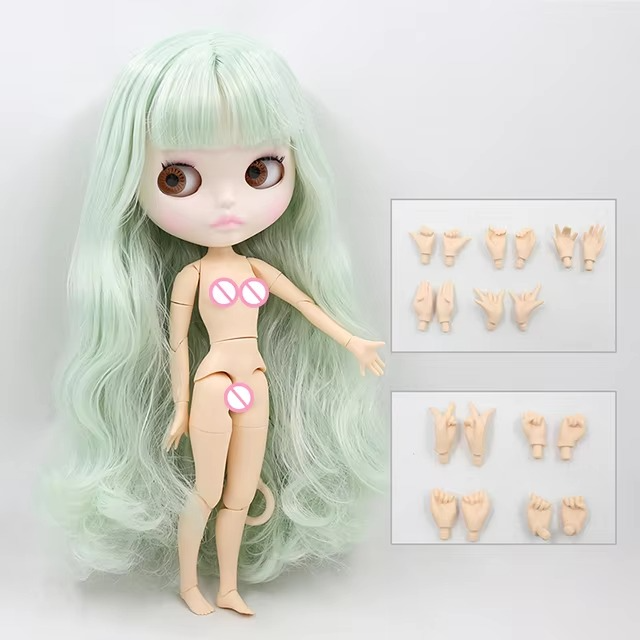 Blythe Doll with Green Curly Hair, White Skin, Matte Face & Custom Jointed Body