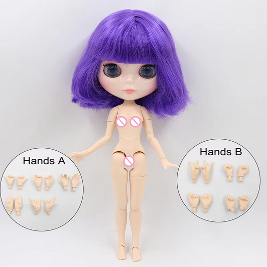 Blythe Doll with Short Purple Hair, White Skin, Shiny Cute Face & Custom Jointed Body