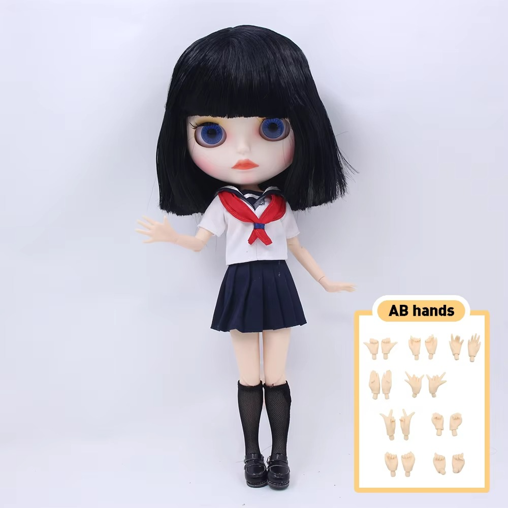 Short Black Hair Blythe Nude Doll, White Skin Matte Face Jointed Body