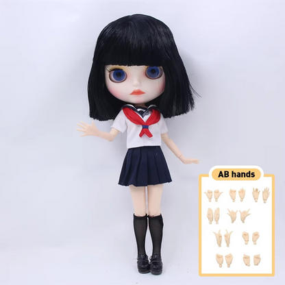 Short Black Hair Blythe Nude Doll, White Skin Matte Face Jointed Body