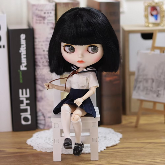 Short Black Hair Blythe Nude Doll, White Skin Matte Face Jointed Body