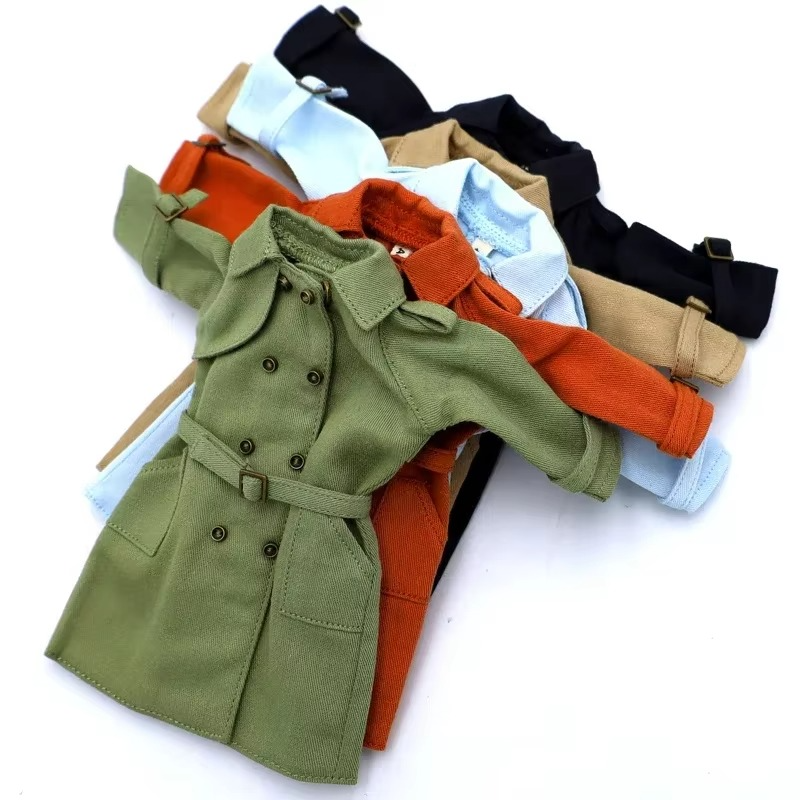 Colorful collection of Neo Blythe trench coats in green, orange, blue, tan, and black for 1/6 BJD dolls.