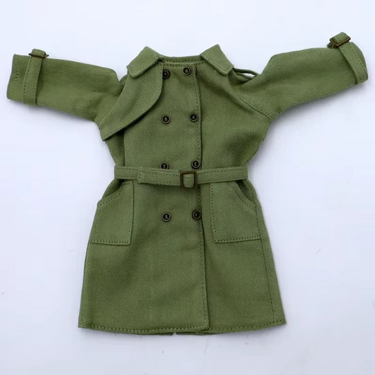 Green trench coat for 1/6 BJD Blythe dolls, featuring stylish design and high-quality fabric.