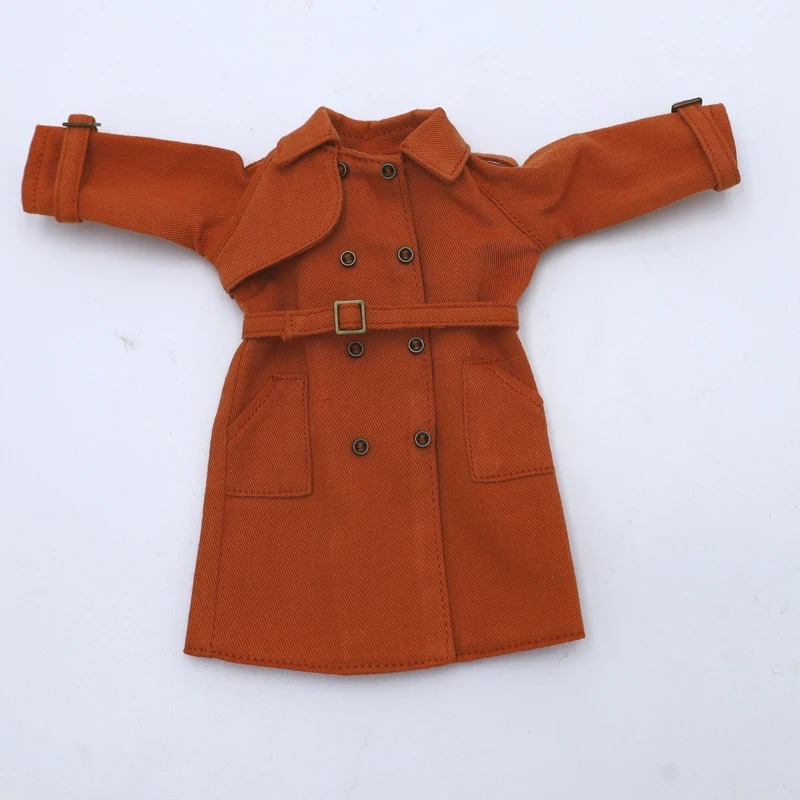 Neo Blythe trench coat in orange with belt, designed for 1/6 BJD Blythe dolls, stylish and high-quality fabric.