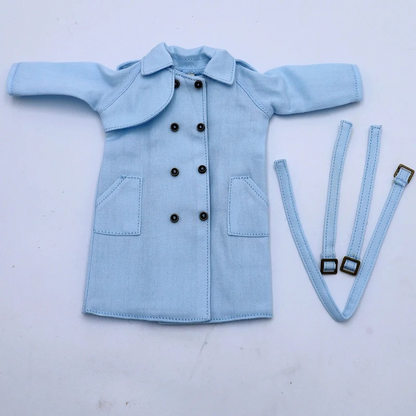 Neo Blythe clothes blue trench coat with pockets and straps for 1/6 BJD dolls