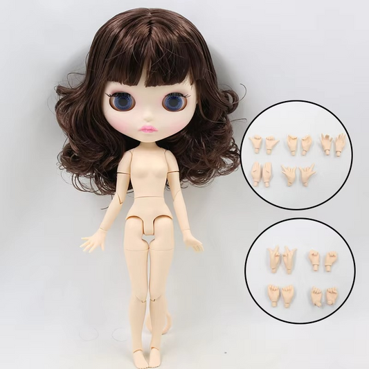 Nude Blythe Doll with Medium Short Curly Hair, White Skin Shiny Face Joint Body