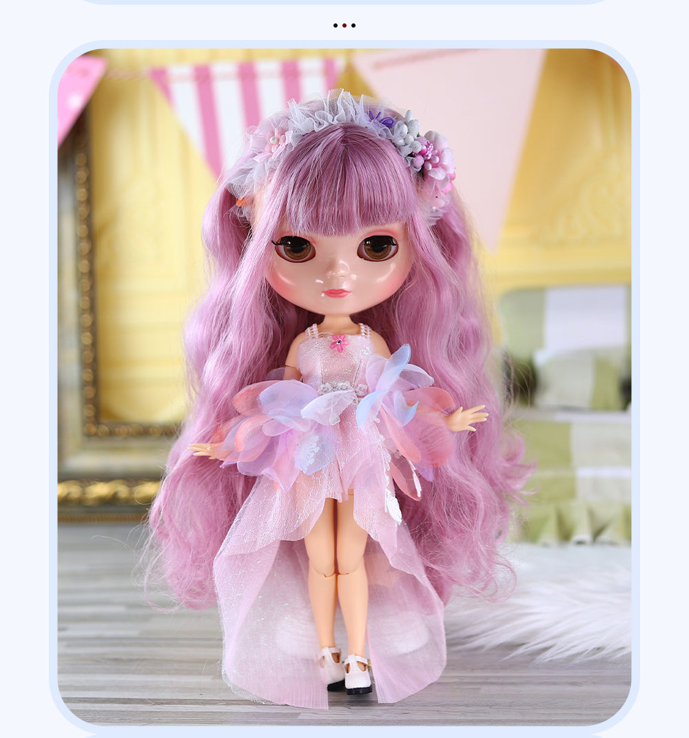 Nude Blythe Doll with Azone C-cup Jointed Body, White Skin Shiny Face, Pink Hair