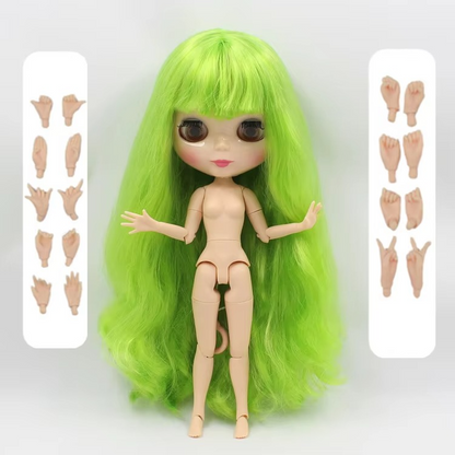 Neo Blythe Doll with Green Hair, White Skin, Shiny Cute Face & Custom Jointed Body