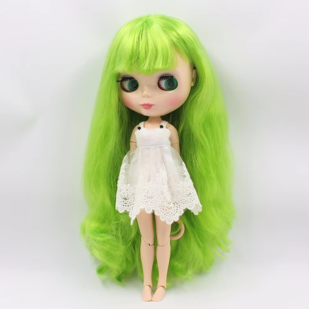 Neo Blythe Doll with Green Hair, White Skin, Shiny Cute Face & Custom Jointed Body