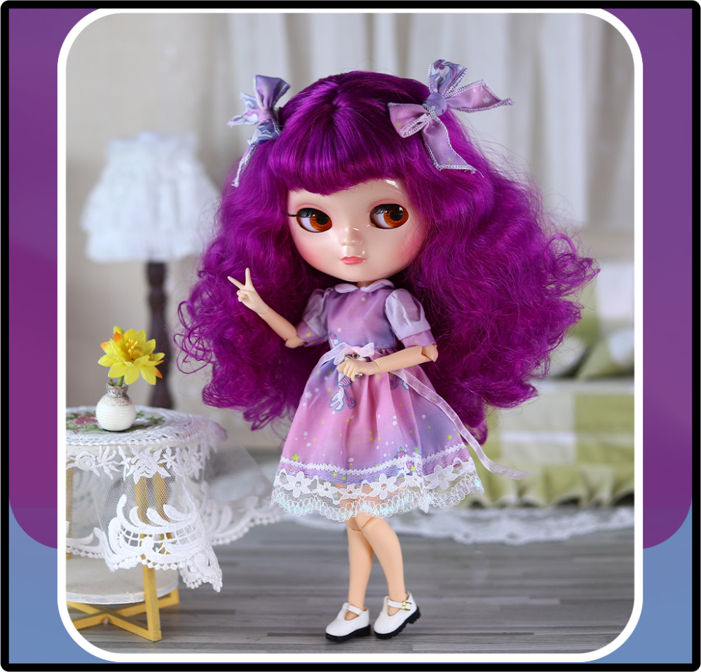 Blythe Doll with Shiny Asian Face & Azone C-Cup Jointed Body & Wine Purple Curly Hair