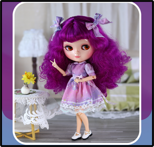 Blythe Doll with Shiny Asian Face & Azone C-Cup Jointed Body & Wine Purple Curly Hair