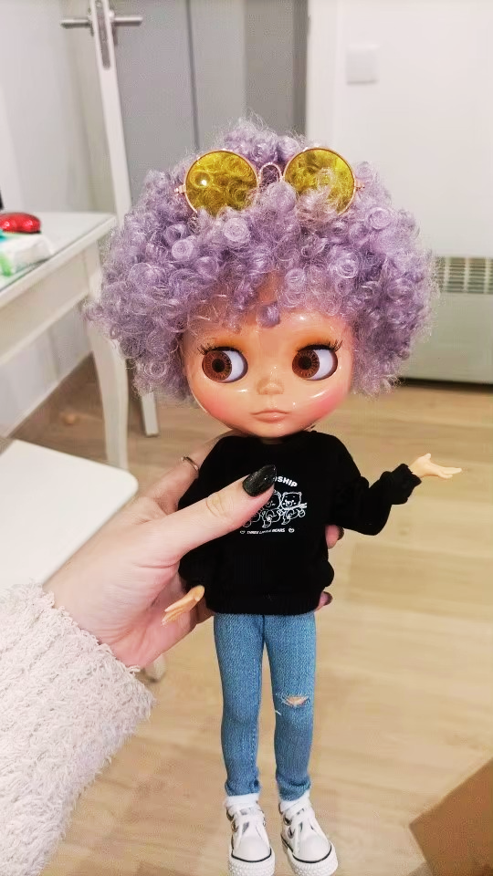 Neo Blythe Doll with Afro Purple Hair, Shiny Face, Jointed Body