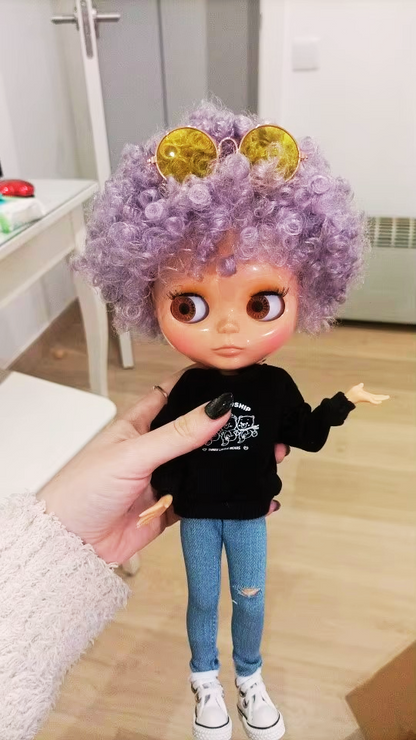 Neo Blythe Doll with Afro Purple Hair, Shiny Face, Jointed Body