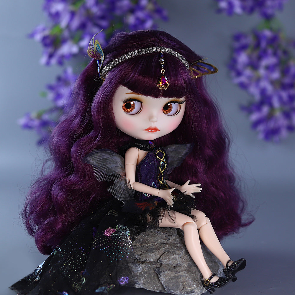 Neo Blythe Doll with Magic Purple Hair, White Skin, Matte Face, Carved Lips, 19 Joints