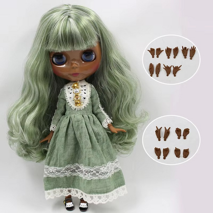Neo Blythe Doll Super Black Skin Shiny Face & Jointed Body & Green Curly Hair