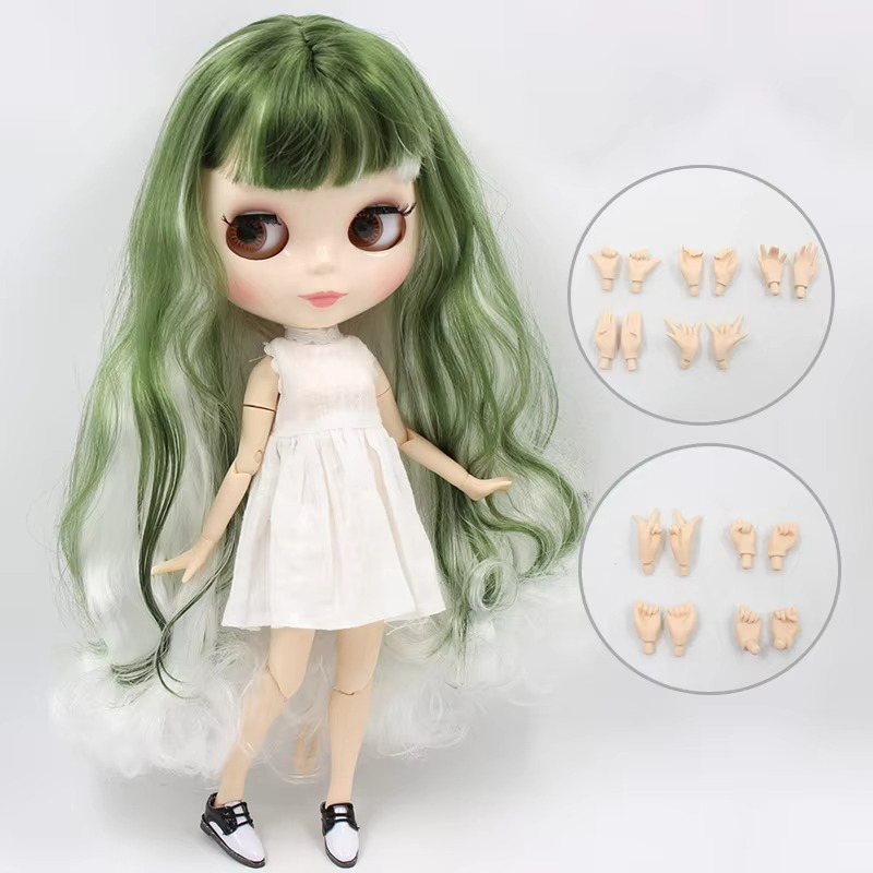 Nude Blythe Doll White Skin Glossy Face, Jointed Body, Green-White Hair