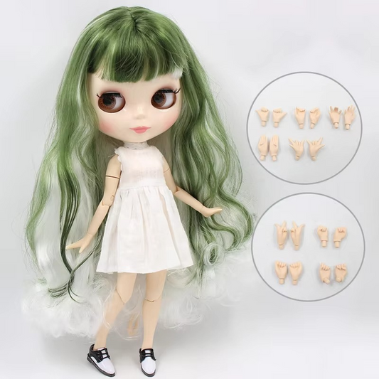 Nude Blythe Doll White Skin Glossy Face, Jointed Body, Green-White Hair
