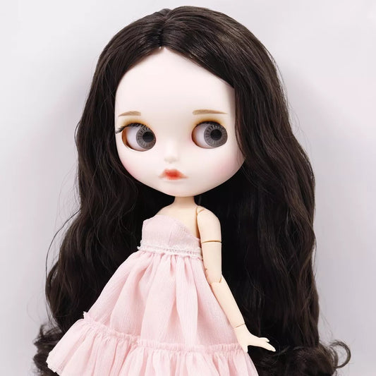 Blythe Nude Doll with White Skin, Matte Face, Dark Brown Wavy Hair & Eyebrows