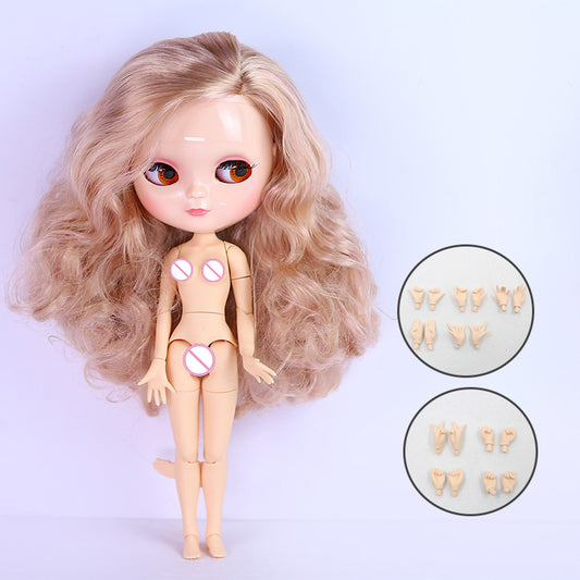 Neo Blythe Doll C-cup Joint Body with Natural Skin & Shiny Face & Light Brown Curly Hair
