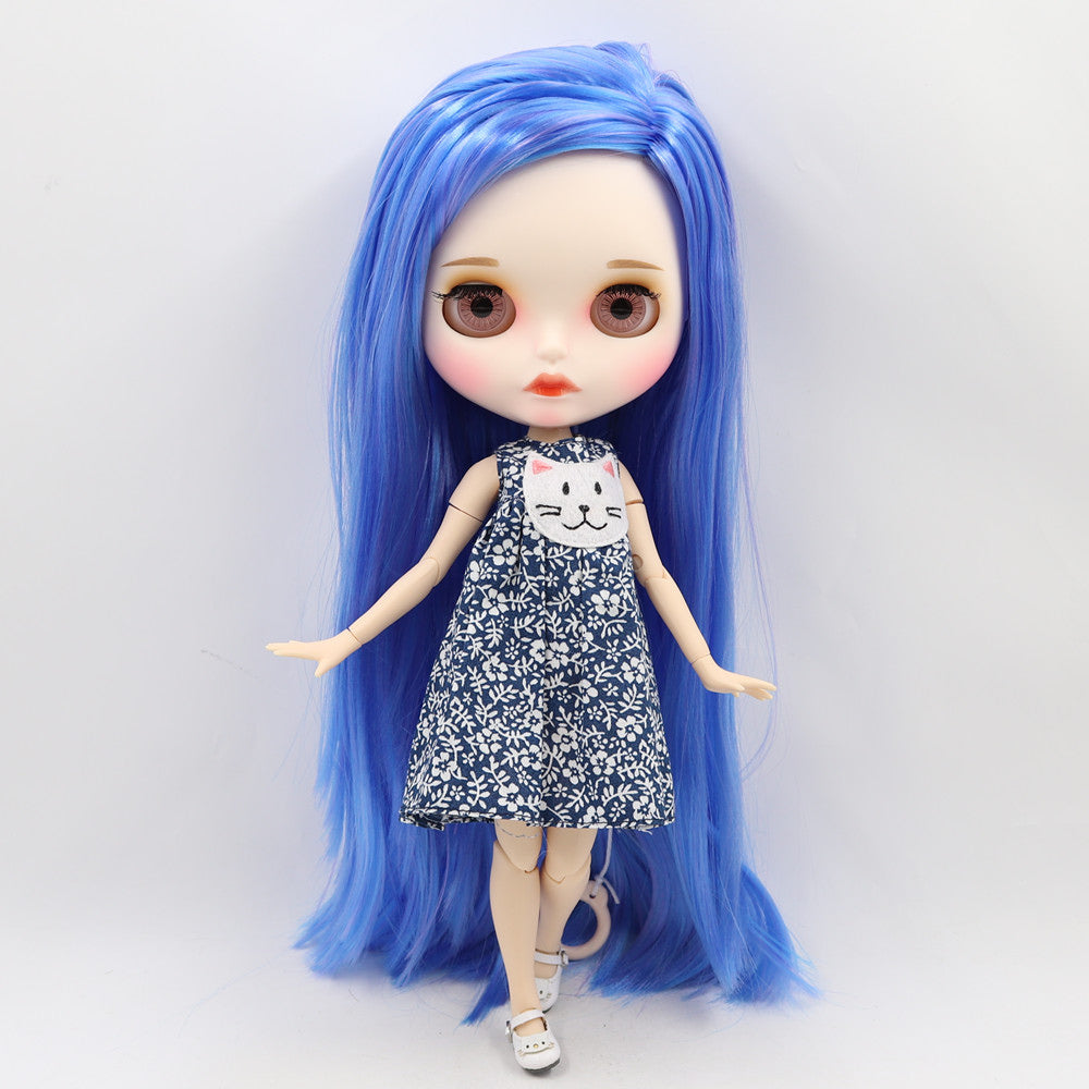 Blythe Doll with Blue Sky Hair, White Skin, Matte Face & Custom Jointed Body