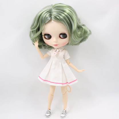 Neo Blythe Doll White Skin, Shiny Face, Short Green Curly Hair, Jointed Body