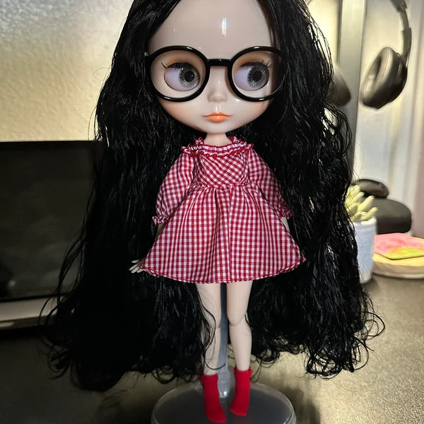 Blythe Nude Doll, Long Curly Black Hair no Bangs, White Skin Shiny Face