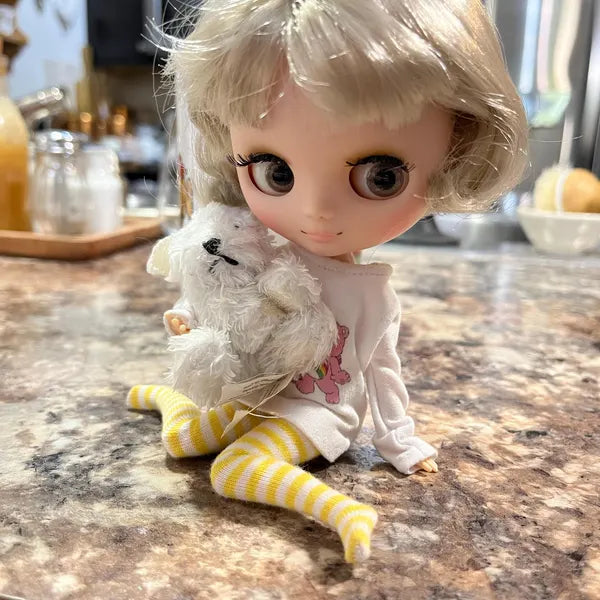 Middie Blythe Doll with short blonde hair in a cozy outfit, holding a fluffy white toy, sitting on a kitchen counter.