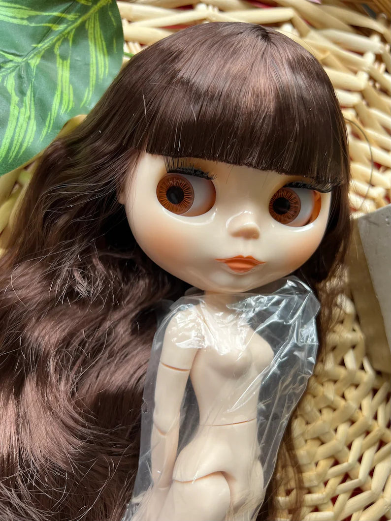 Neo Blythe Doll with Brown Hair, White Skin, Shiny Cute Face & Custom Jointed Body