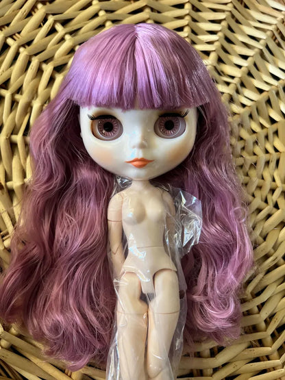 Nude Blythe Doll with White Skin, Shiny Face, Joint Body, Pastel Pink Hair