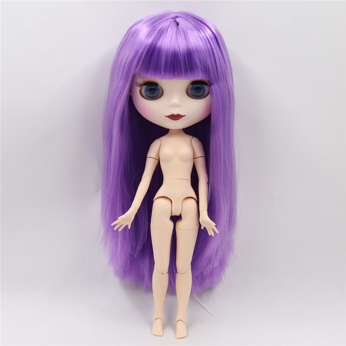 Nude Blythe Doll with White Skin, Matte Face, Jointed Body, Glossy Purple Hair