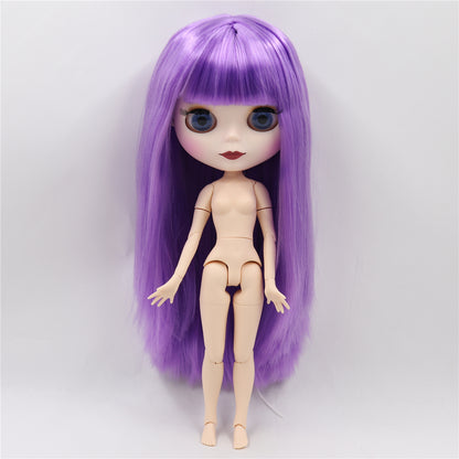 Nude Blythe Doll with White Skin, Matte Face, Jointed Body, Glossy Purple Hair