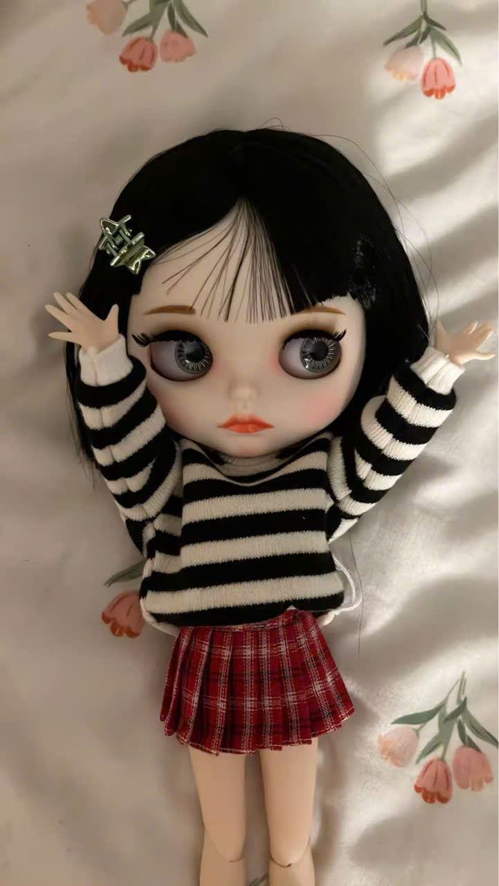 Short Black Hair Blythe Nude Doll, White Skin Matte Face Jointed Body