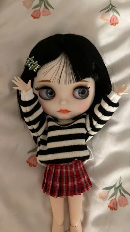 Short Black Hair Blythe Nude Doll, White Skin Matte Face Jointed Body