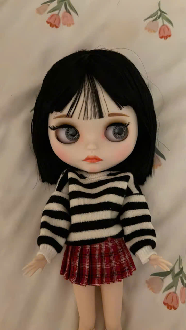 Short Black Hair Blythe Nude Doll, White Skin Matte Face Jointed Body