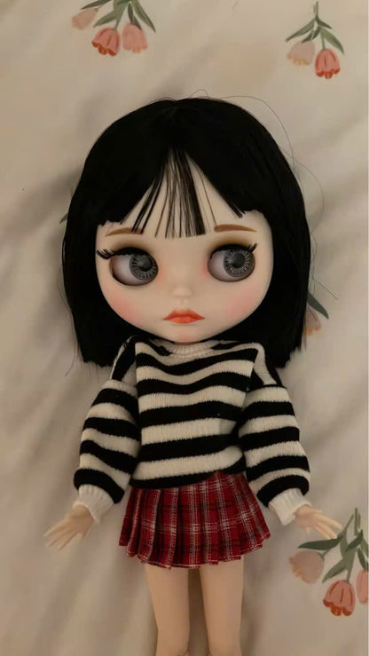 Short Black Hair Blythe Nude Doll, White Skin Matte Face Jointed Body