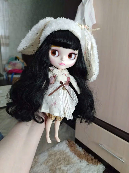Blythe Nude Doll with Shiny Face, White Skin, Jointed Body, Black Curly Hair