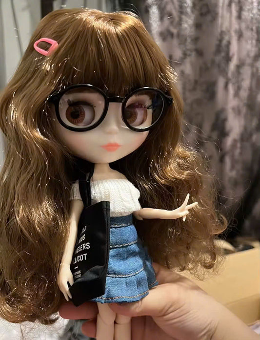 Blythe Doll with Brown Hair, White Skin, Shiny Cute Face & Custom Jointed Body